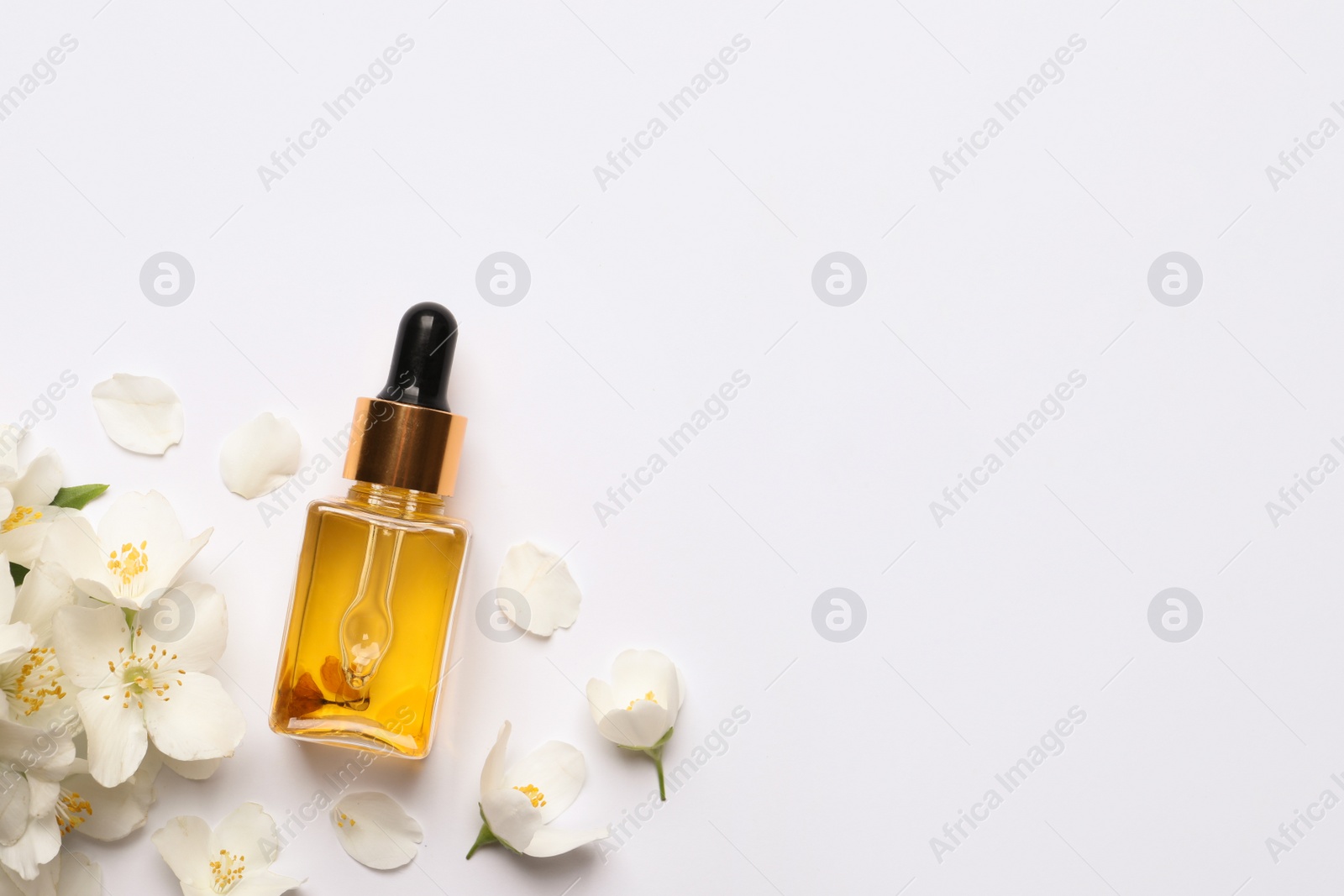 Photo of Jasmine essential and fresh flowers on white background, top view