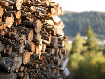 Pile of dry firewood outdoors, space for text