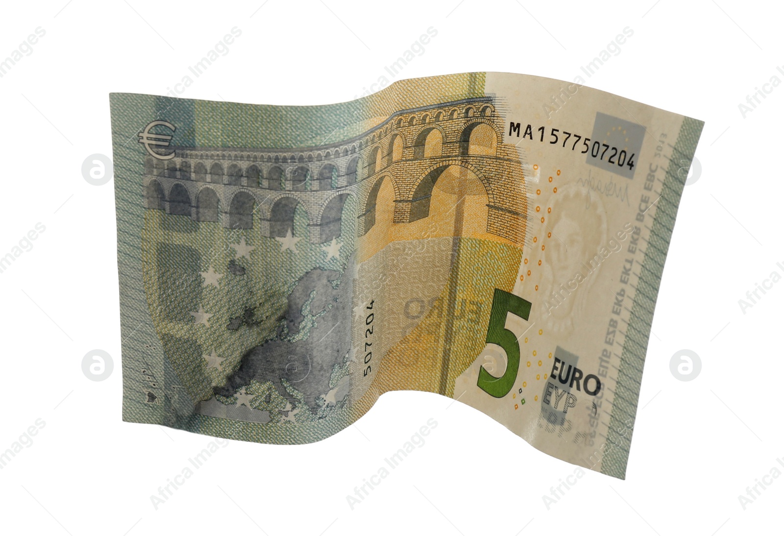 Photo of Euro banknote isolated on white. Flying money