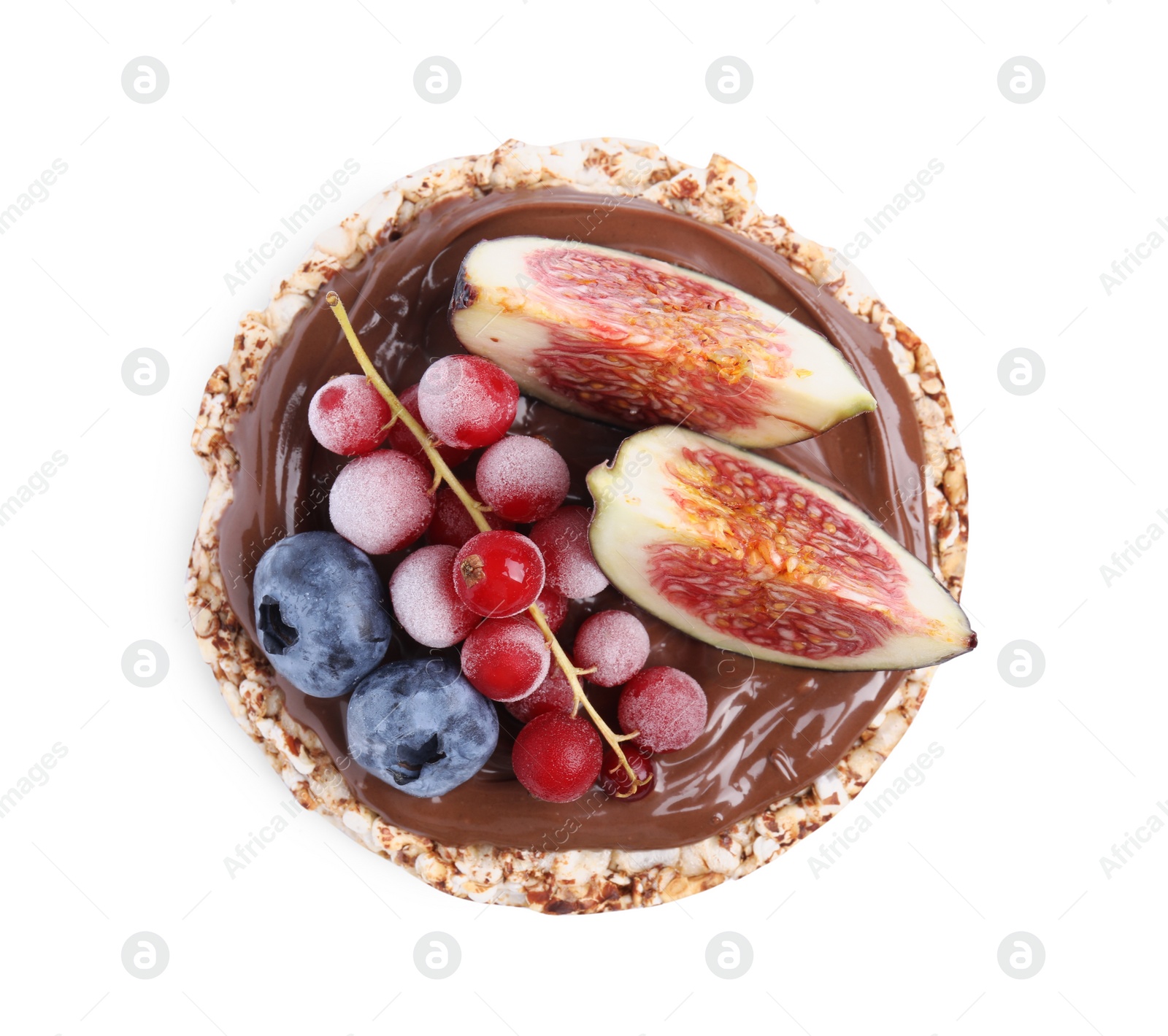 Photo of Tasty crispbread with chocolate, red currant, blueberries and figs on white background