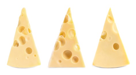 Image of Set with pieces of delicious cheese on white background. Banner design