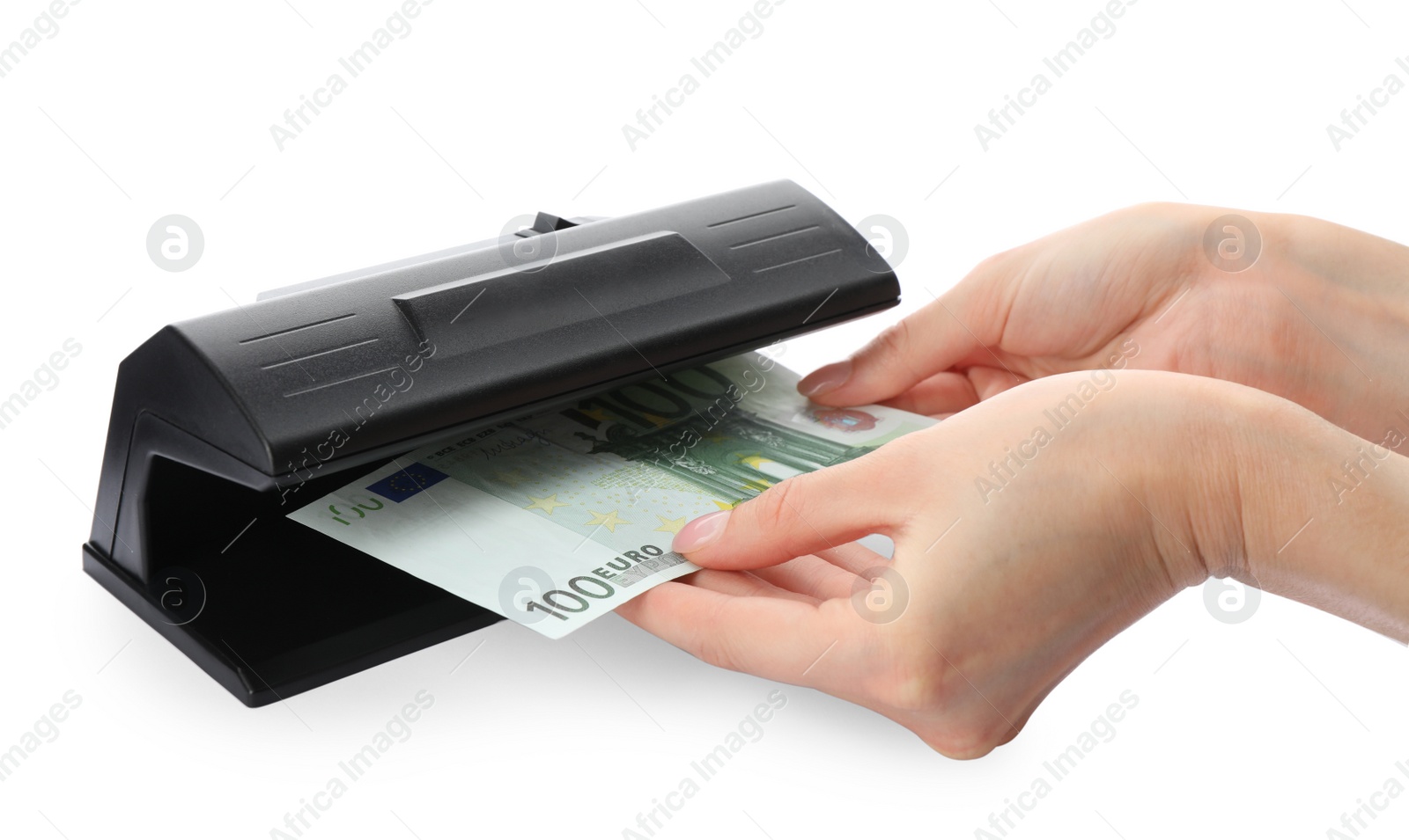 Photo of Woman checking Euro banknote with currency detector on white background, closeup. Money examination device