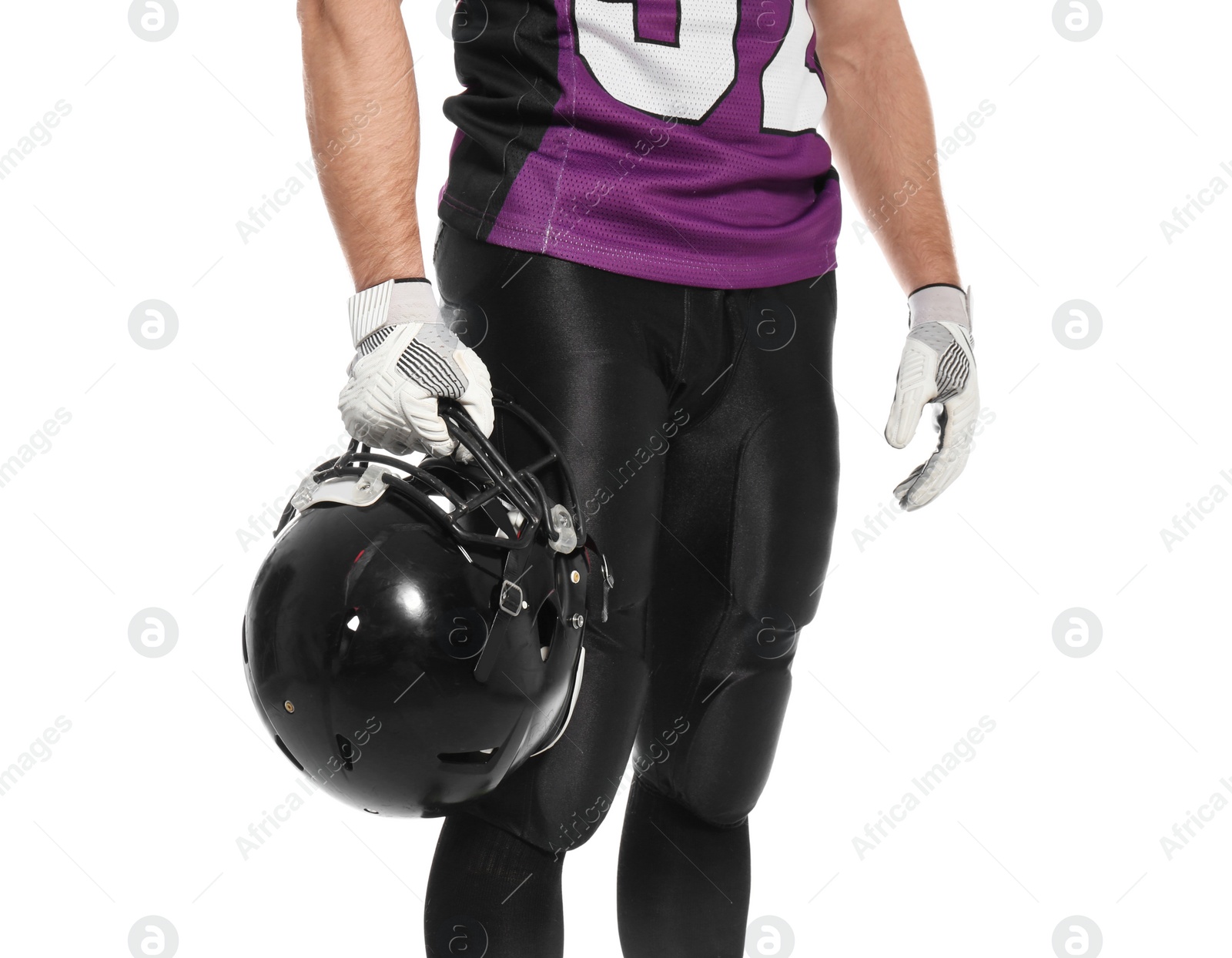 Photo of American football player with helmet wearing uniform on white background, closeup