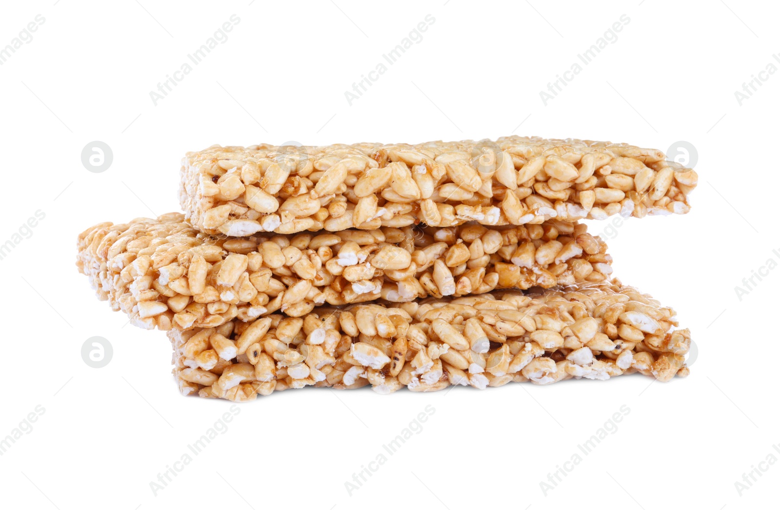 Photo of Delicious rice crispy treats on white background