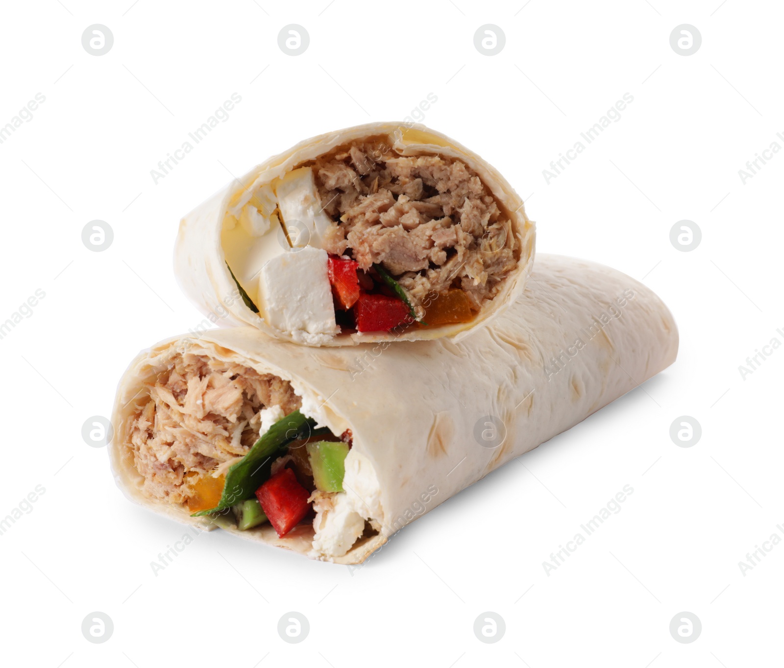 Photo of Delicious tortilla wraps with tuna isolated on white