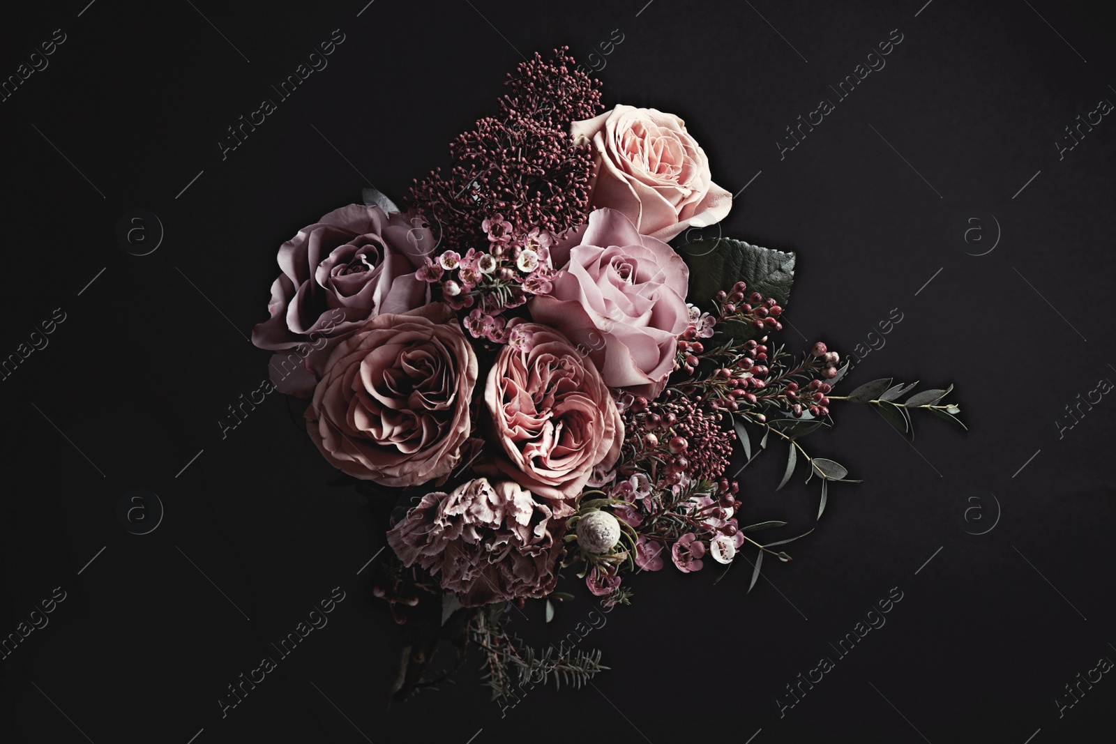 Photo of Beautiful bouquet on black background. Floral card design with dark vintage effect