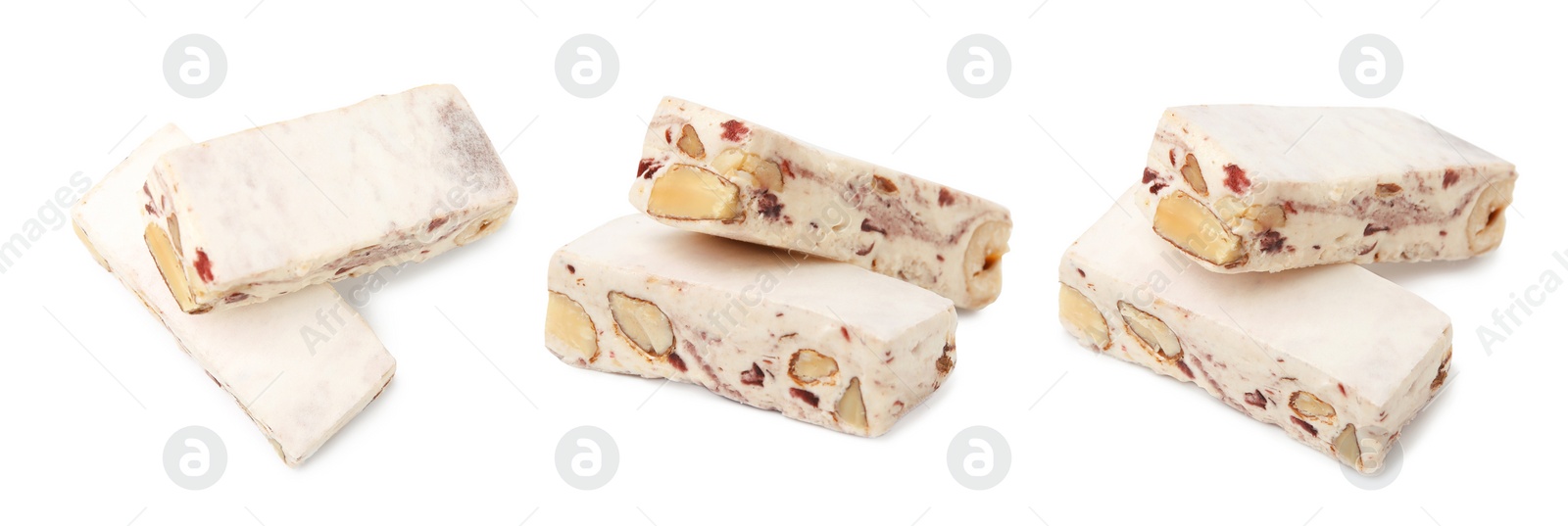 Image of Delicious nougat with nuts on white background, different sides. Collage design