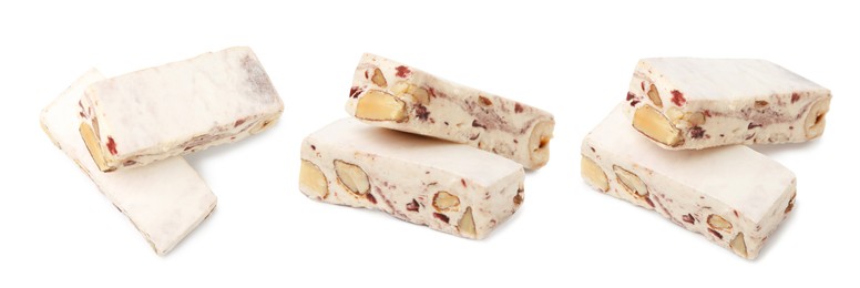 Image of Delicious nougat with nuts on white background, different sides. Collage design