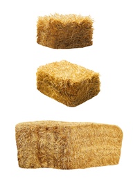 Set of hay bales on white background. Agriculture industry