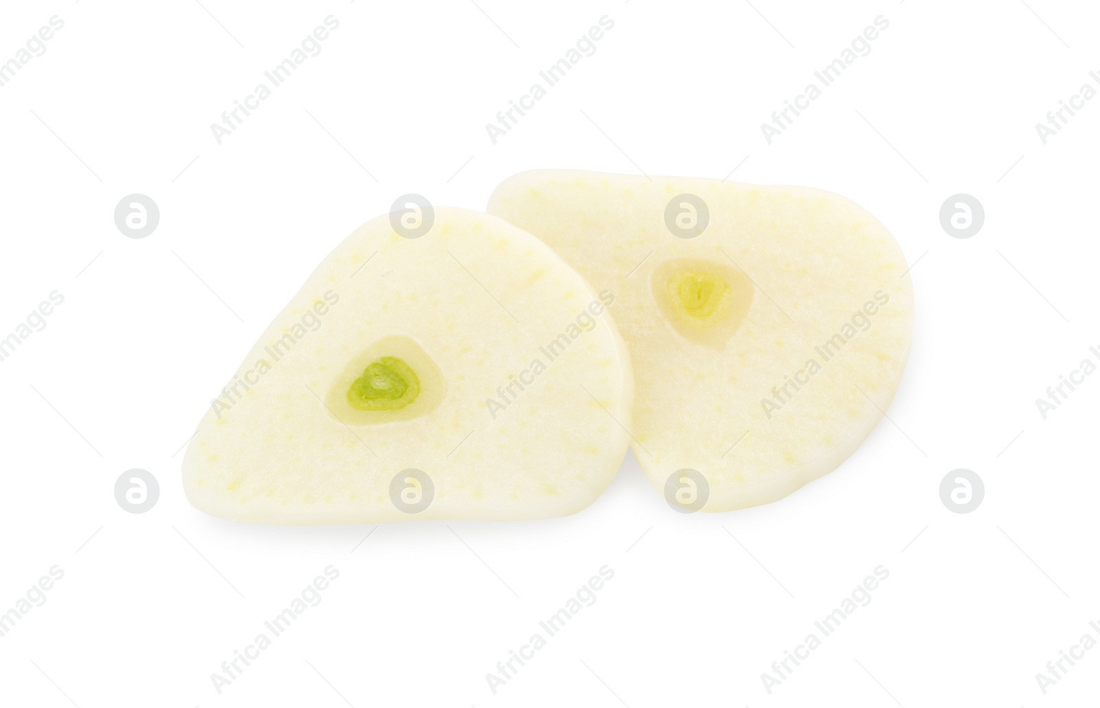 Photo of Pieces of fresh garlic isolated on white