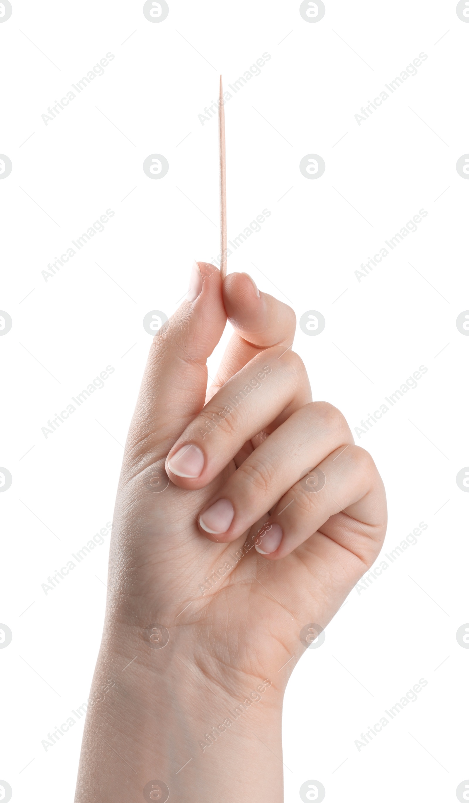 Photo of Woman with wooden toothpick on white background, closeup