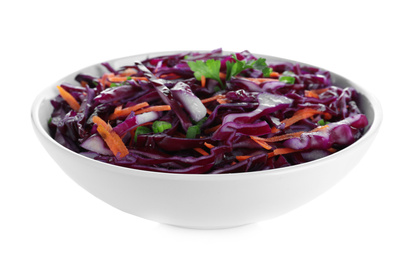 Photo of Fresh red cabbage salad in bowl isolated on white