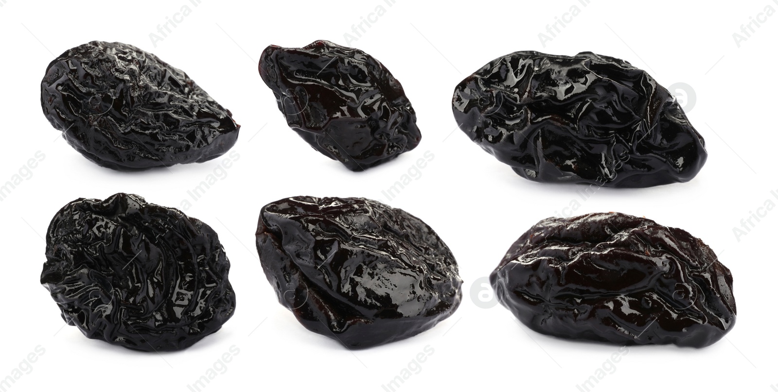 Image of Set with sweet dried prunes on white background. Banner design