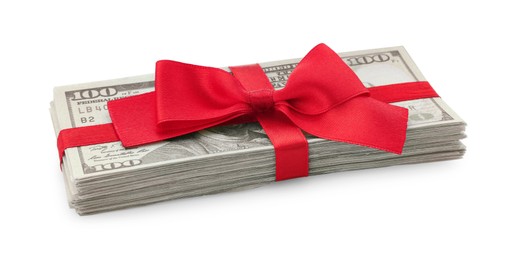 Photo of Stack of dollar banknotes with red ribbon isolated on white