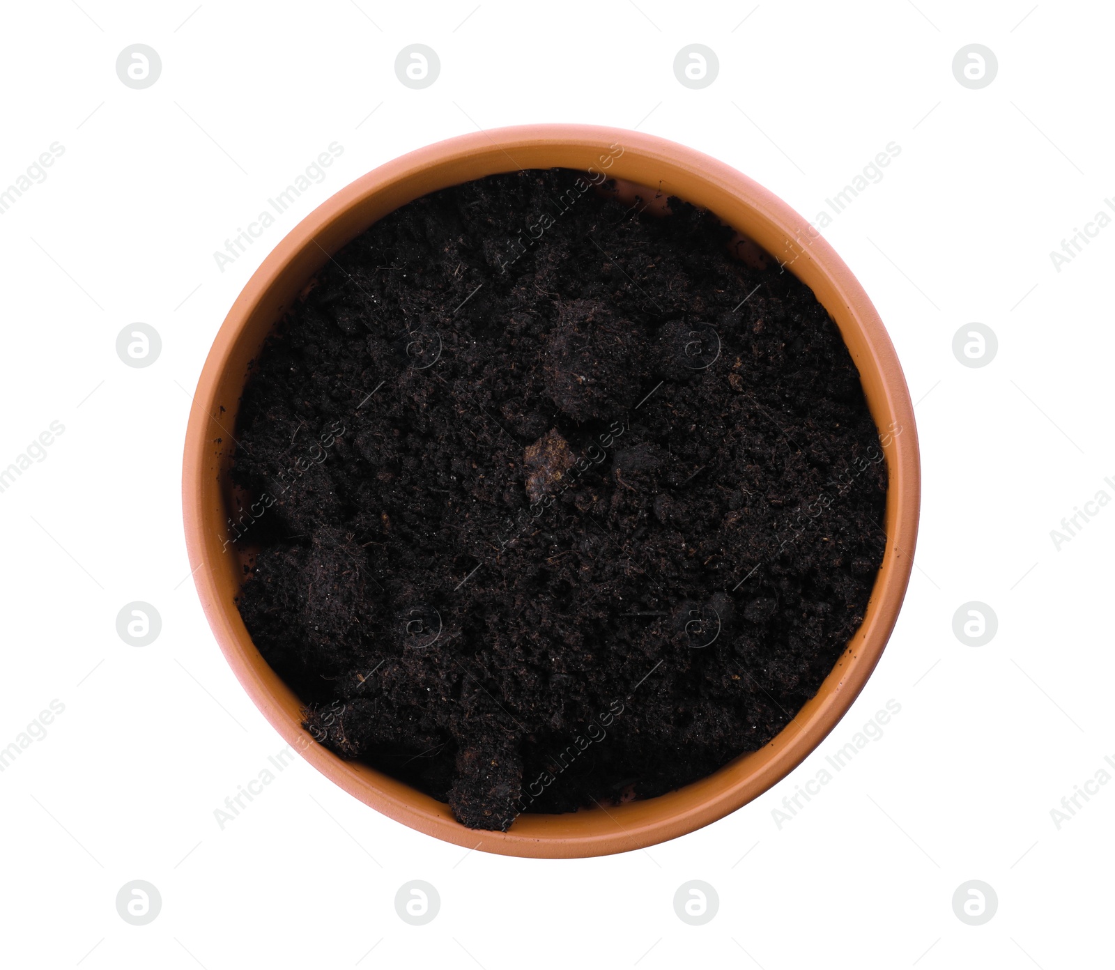 Photo of Stylish terracotta flower pot with soil isolated on white, top view