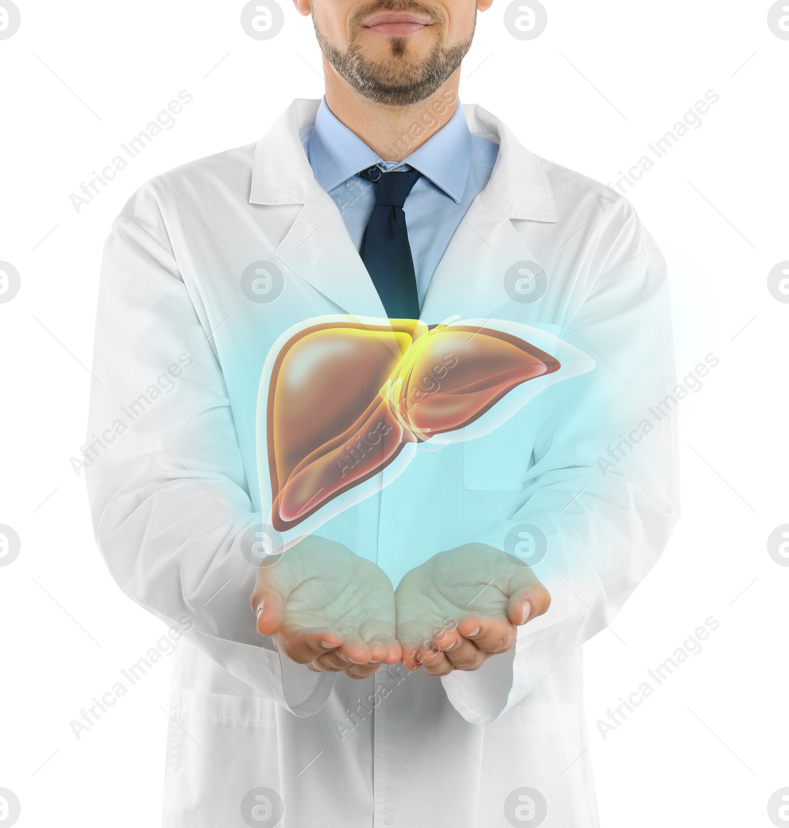 Image of Doctor with stethoscope and illustration of healthy liver on light background, closeup