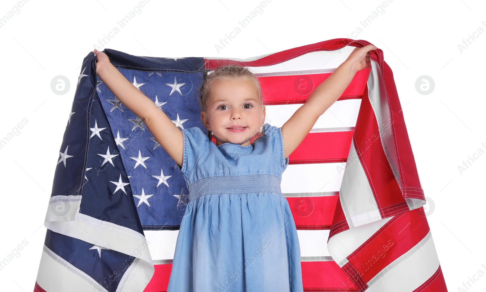 Photo of Little girl with American flag on white background