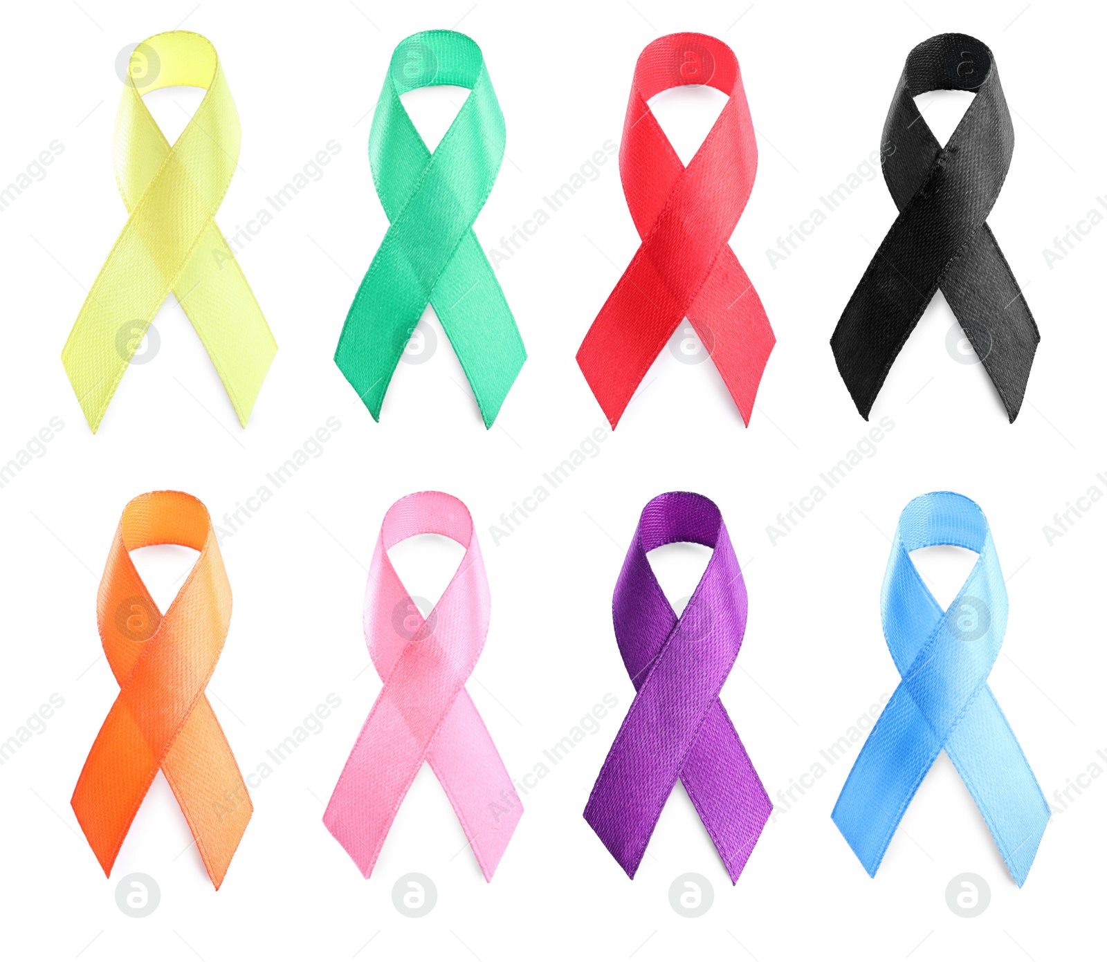 Image of Collection of different color ribbons on white background. World Cancer Day