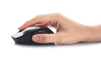 Woman using computer mouse on white background, closeup of hand