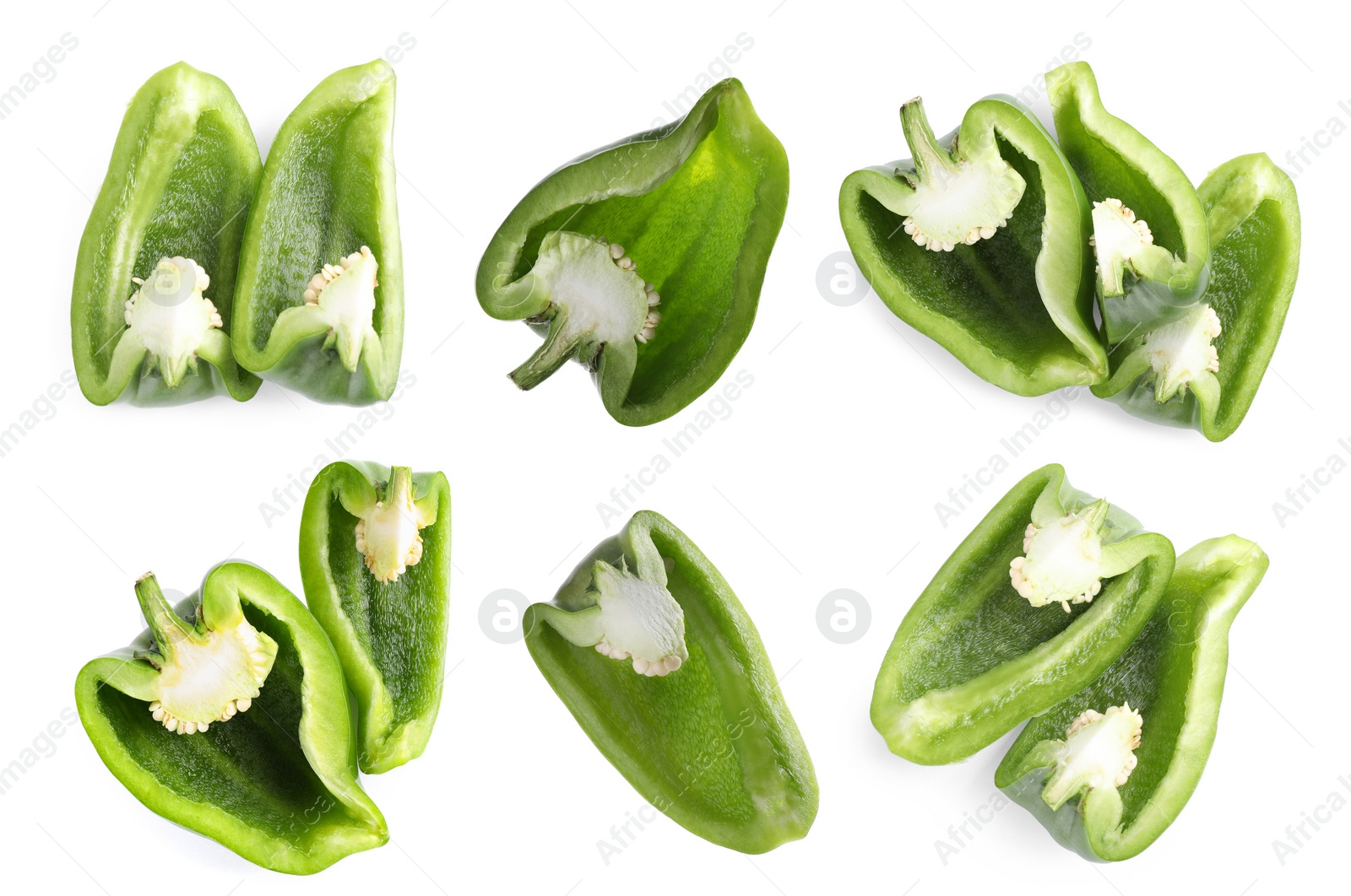 Image of Set of cut ripe green bell peppers on white background