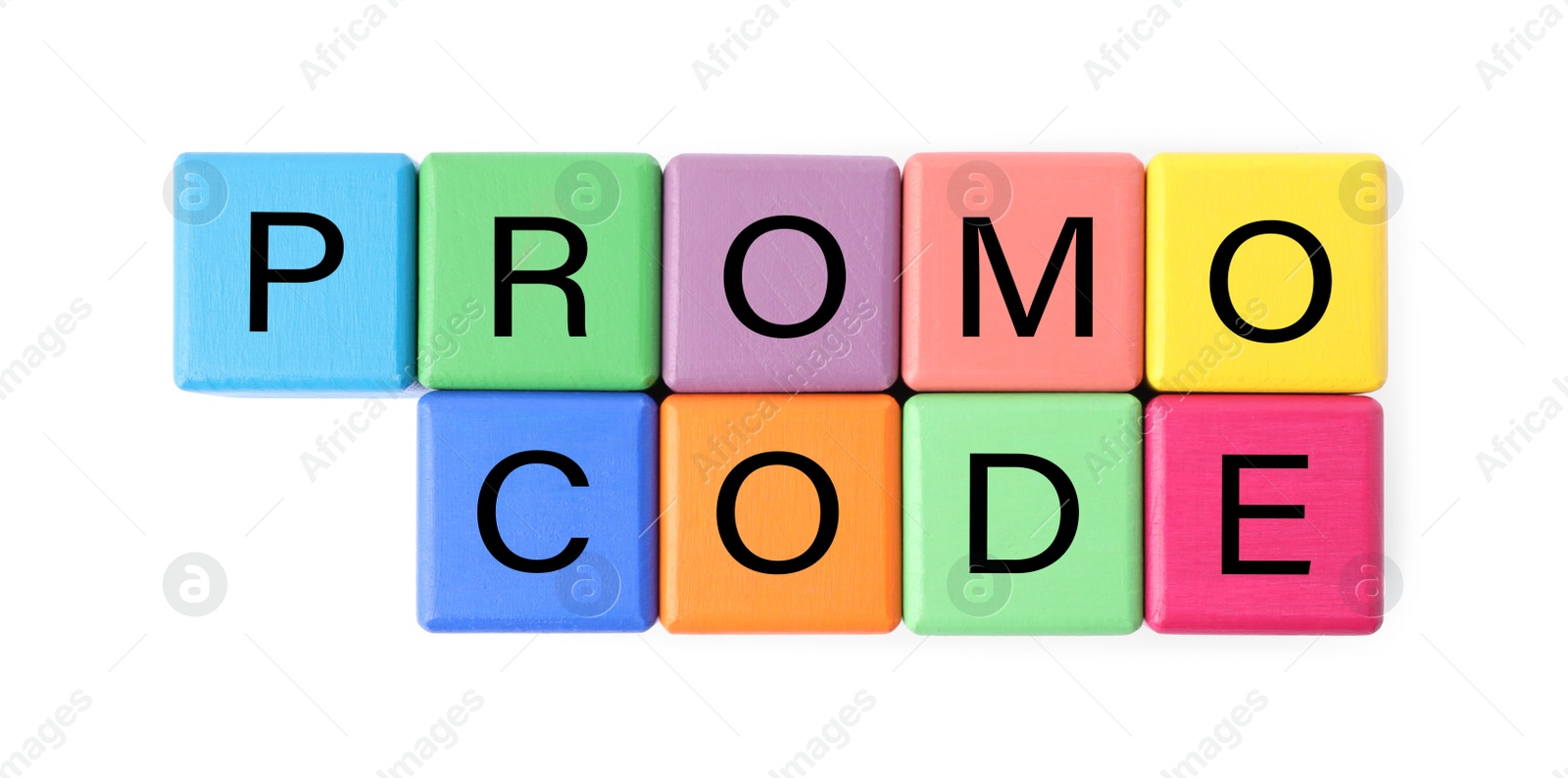 Photo of Colorful cubes with words Promo Code on white background, top view