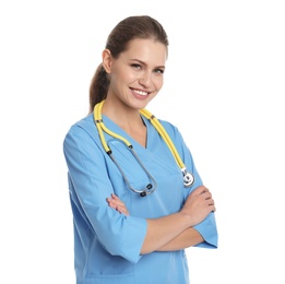 Photo of Portrait of young medical assistant with stethoscope on white background