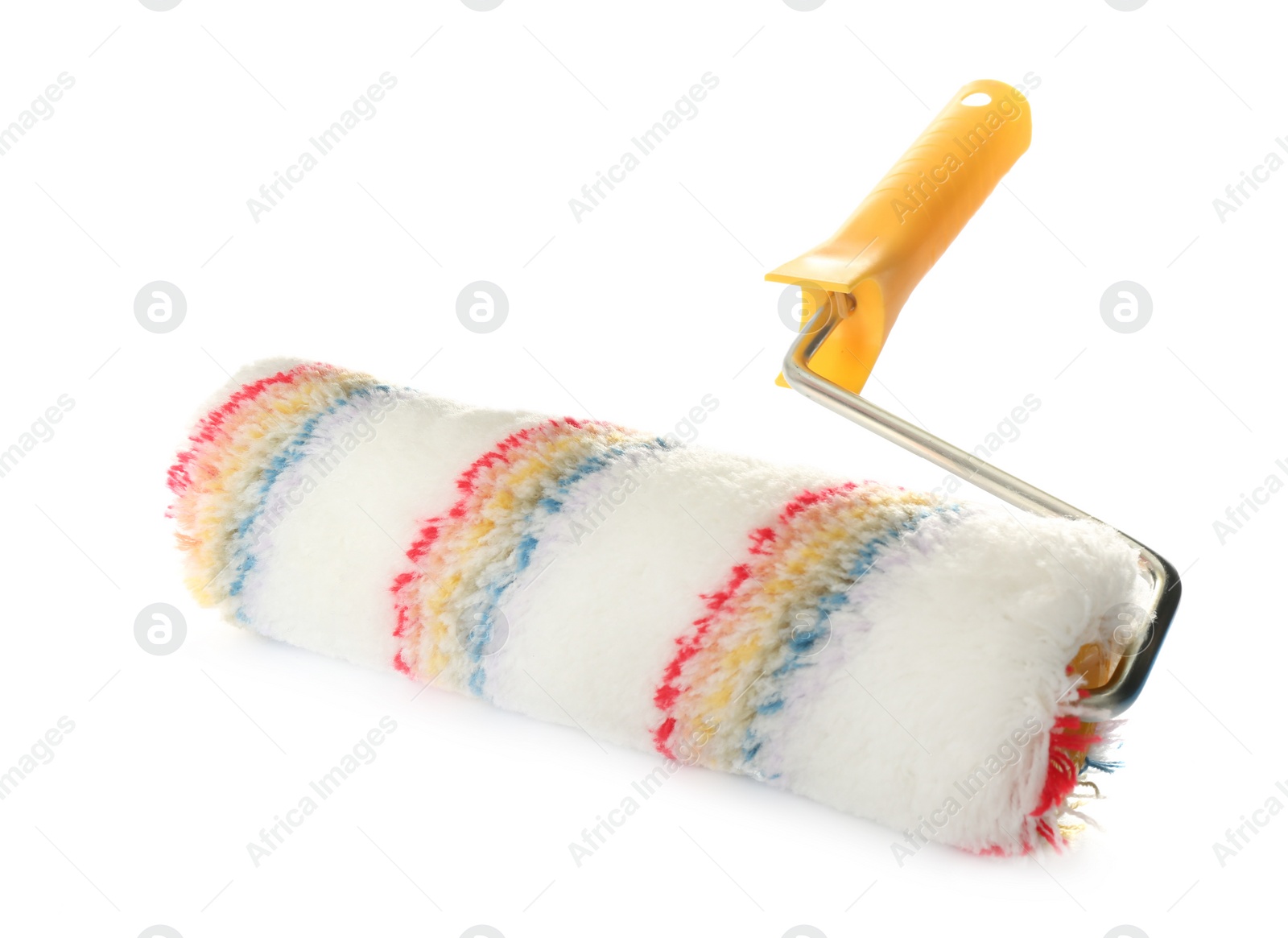 Photo of New paint roller brush on white background