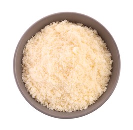 Delicious grated parmesan cheese in bowl isolated on white, top view