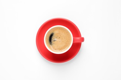 Photo of Aromatic coffee in red cup on white background, top view