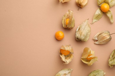 Photo of Ripe physalis fruits with calyxes on beige background, flat lay. Space for text