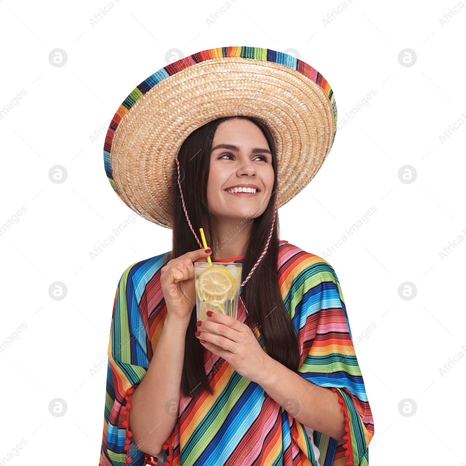 Photo of Young woman in Mexican sombrero hat and poncho with cocktail on white background