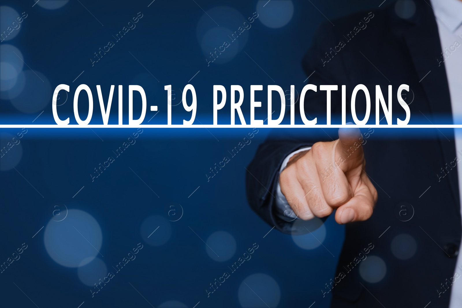 Image of COVID-19 predictions. Man touching virtual screen on blue background, closeup