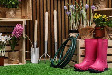 Composition with different gardening tools on artificial grass at wooden wall