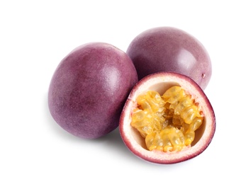 Photo of Delicious passion fruits (maracuya) on white background