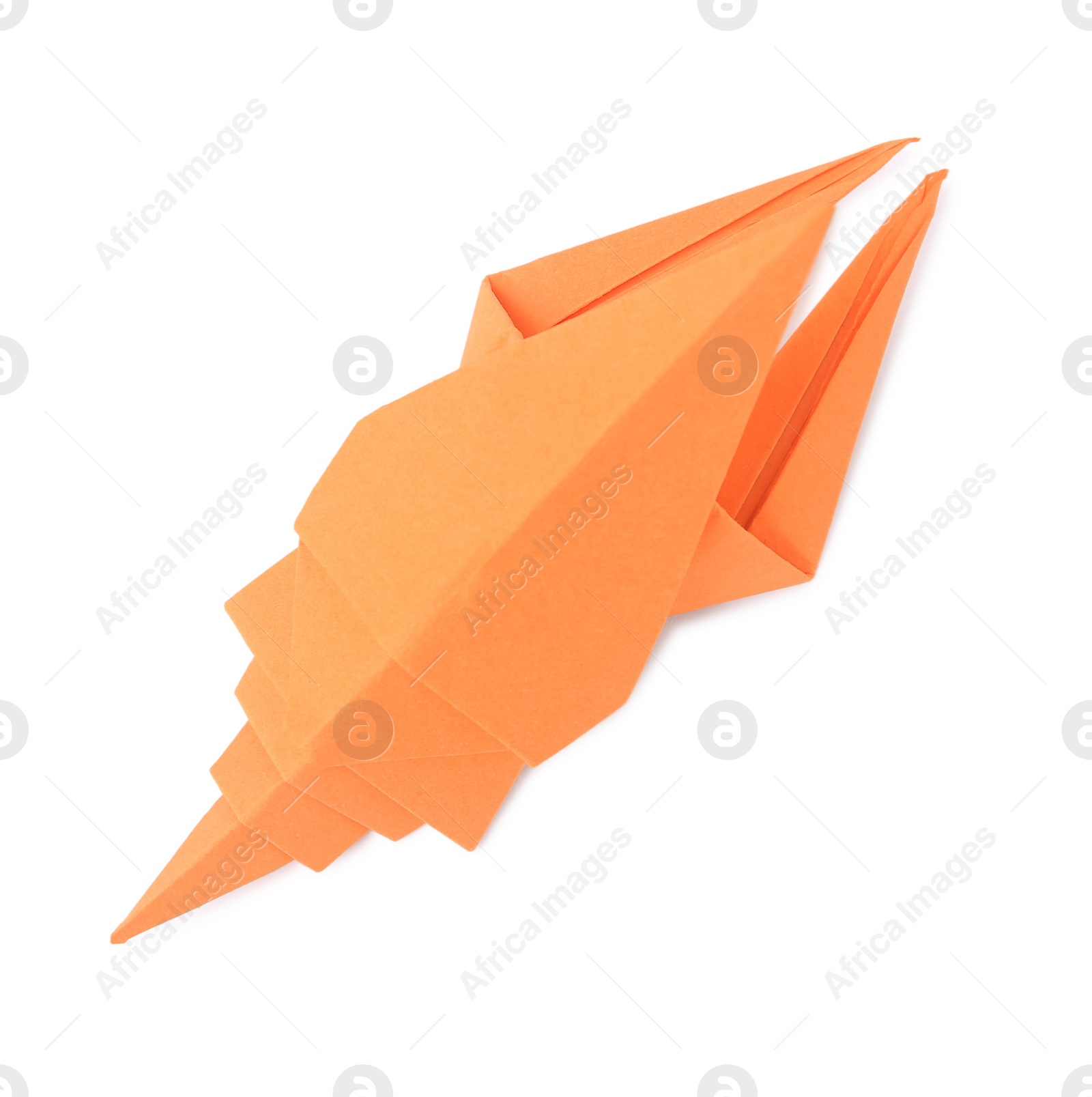 Photo of Origami art. Handmade orange paper crayfish on white background, top view