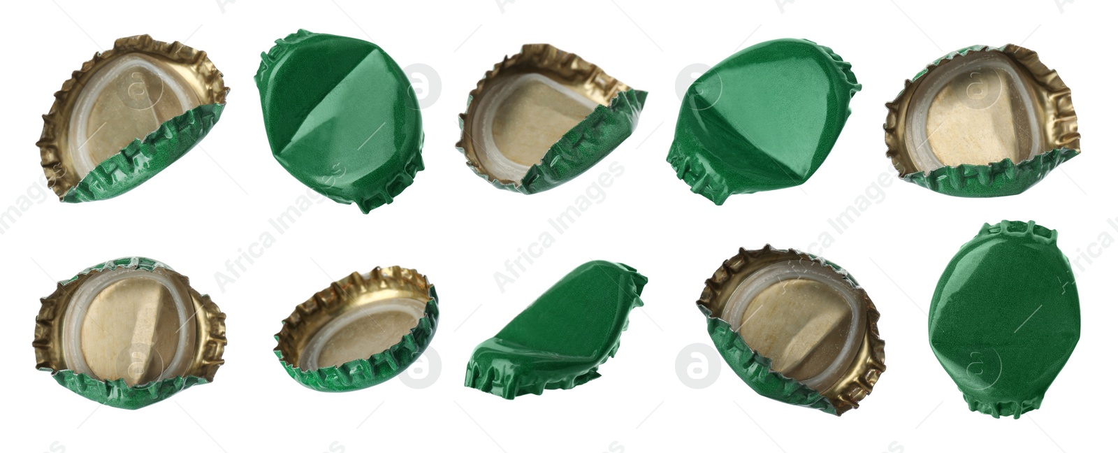 Image of Green beer bottle caps isolated on white, set