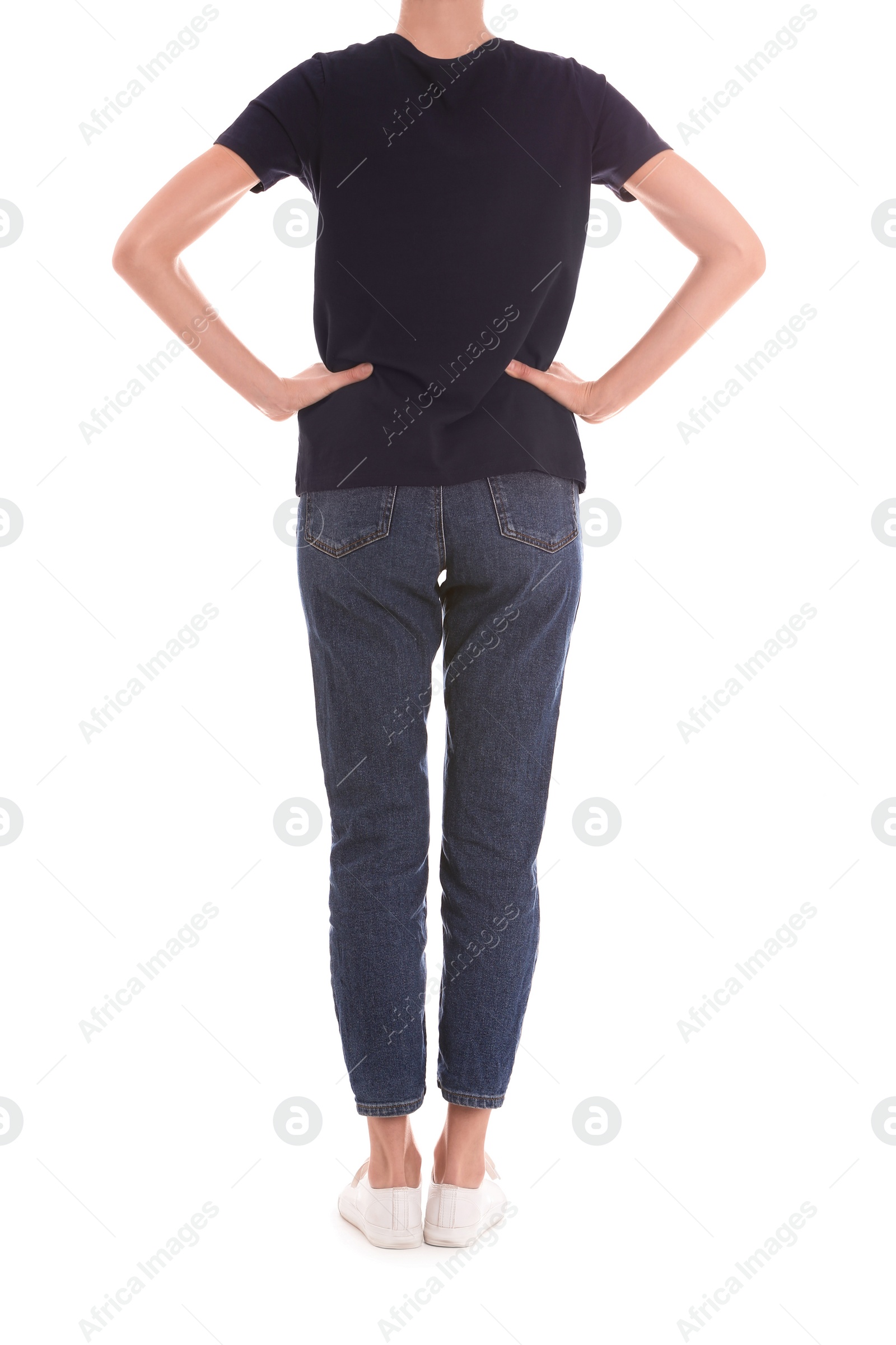 Photo of Young slim woman on white background, closeup. Weight loss