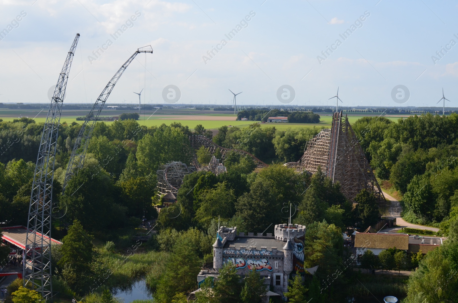 Photo of Amsterdam, The Netherlands - August 8, 2022: Aerial view of Walibi Holland amusement park