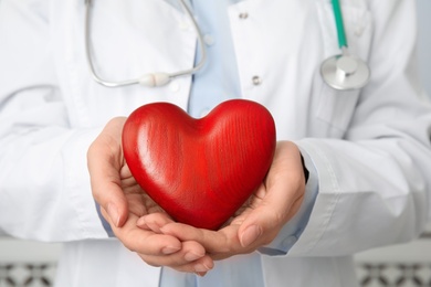 Doctor holding red heart, closeup. Cardiology concept