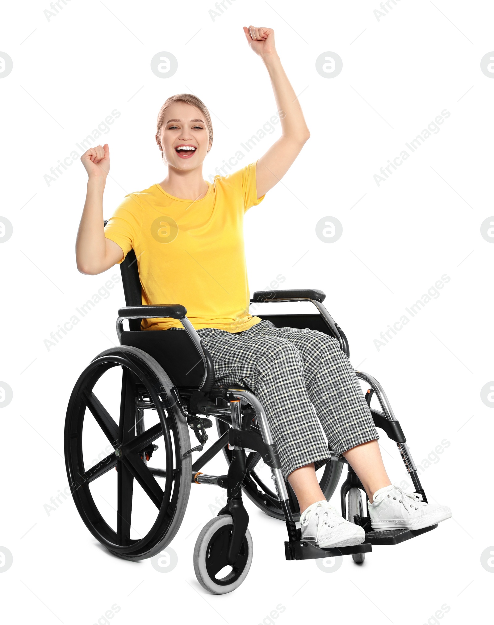 Photo of Emotional woman in wheelchair isolated on white