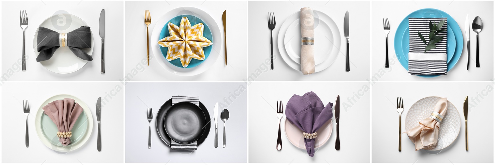 Image of Set with examples of different beautiful table settings on white background, top view. Banner design