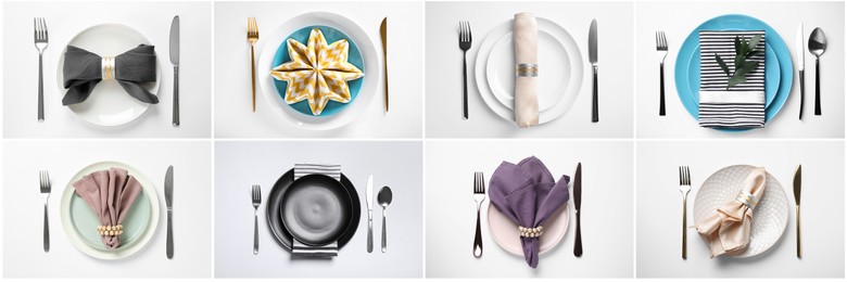 Set with examples of different beautiful table settings on white background, top view. Banner design