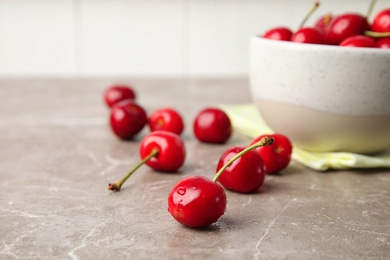 Sweet red cherries on table