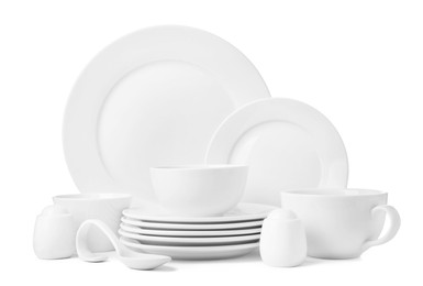 Set of clean dishware isolated on white