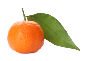 Whole fresh tangerine with green leaf isolated on white