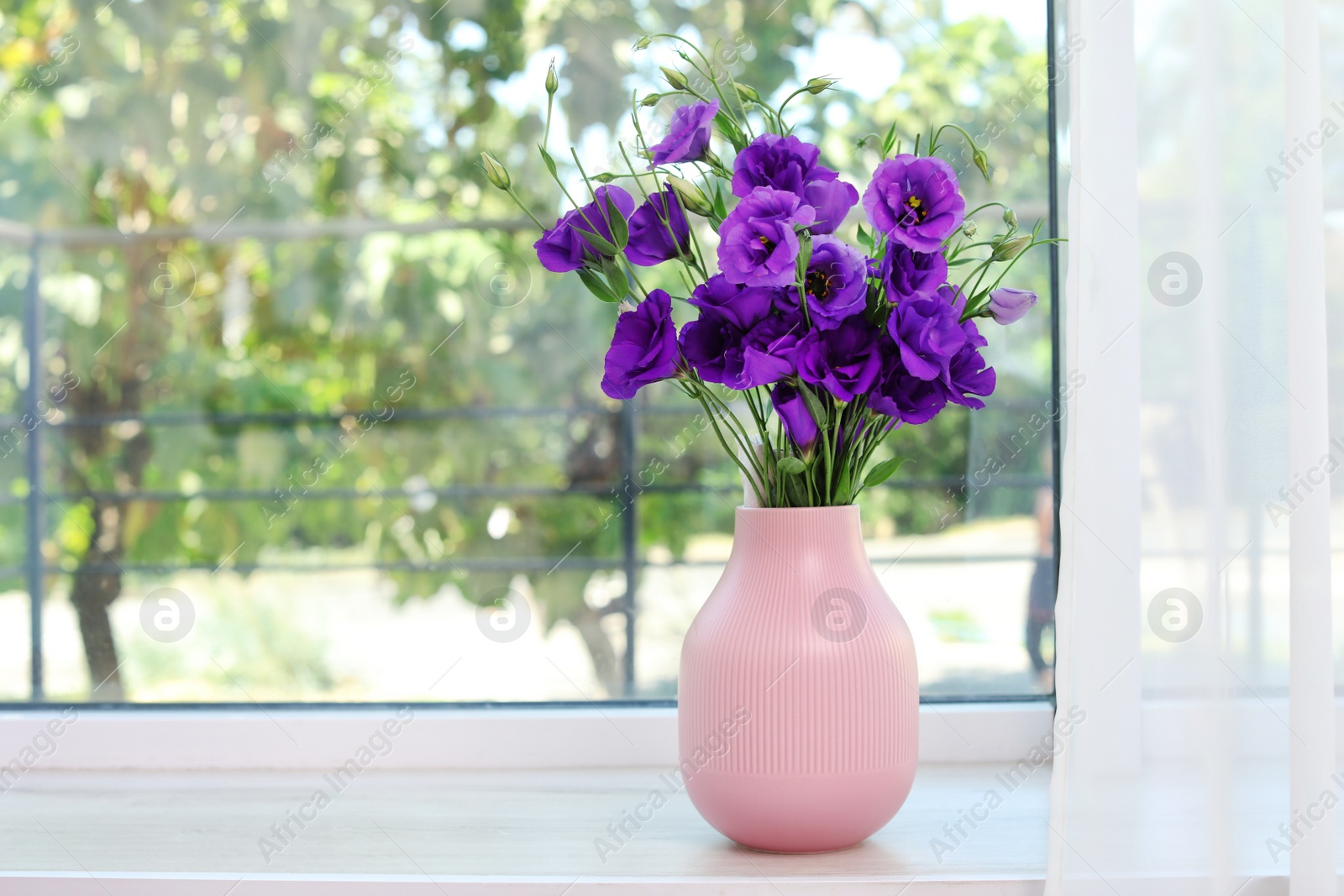 Photo of Beautiful bouquet of purple eustoma flowers in vase near window with space for text