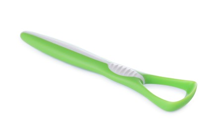 Photo of One green tongue cleaner isolated on white. Dental care