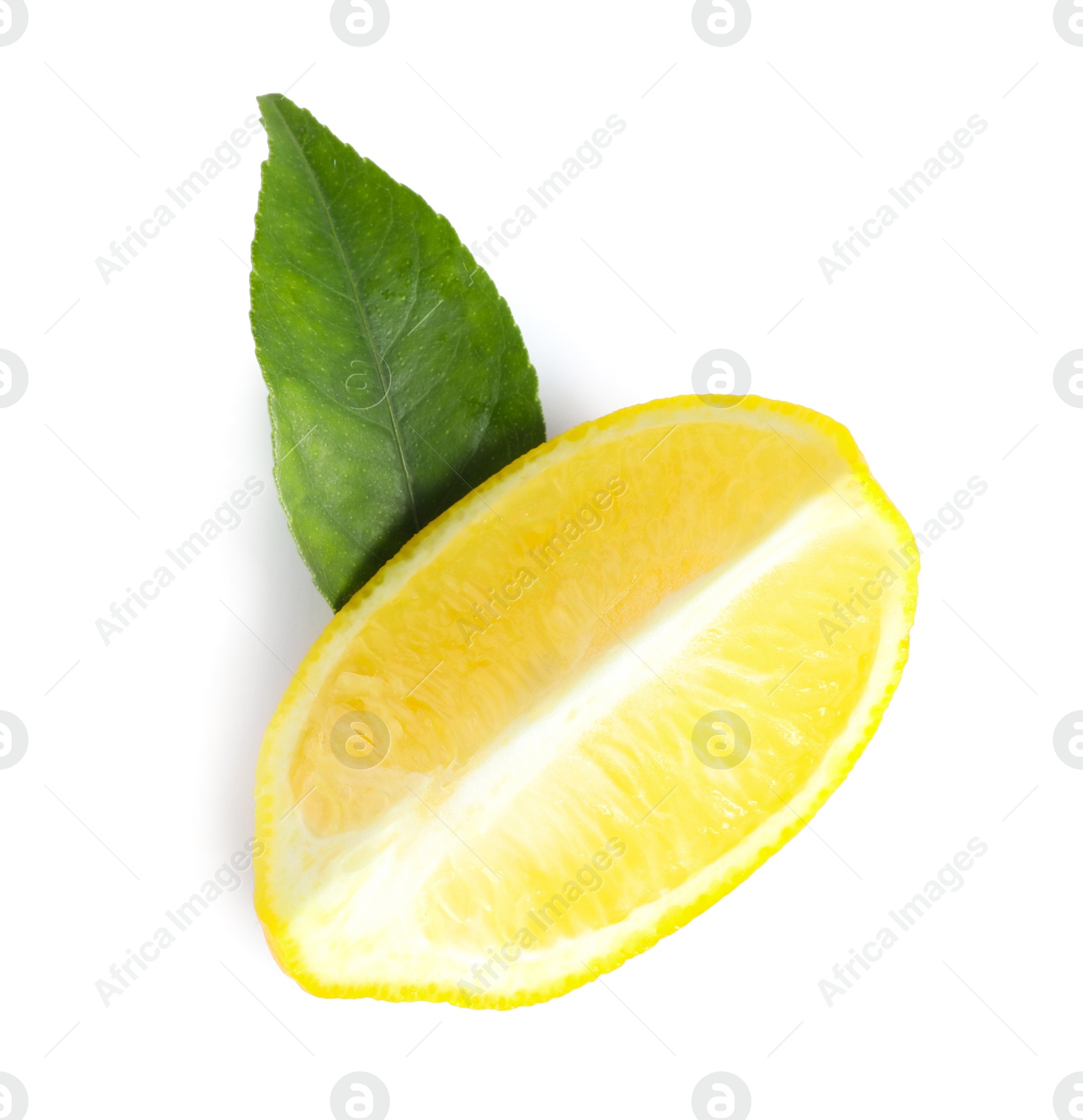 Photo of Fresh ripe lemon slice with leaf on white background, top view