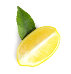 Photo of Fresh ripe lemon slice with leaf on white background, top view