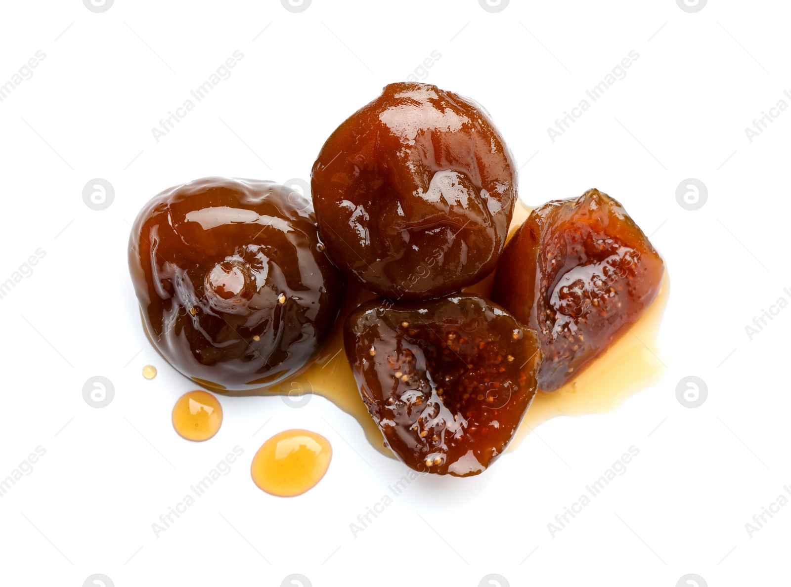 Photo of Tasty sweet fig jam isolated on white